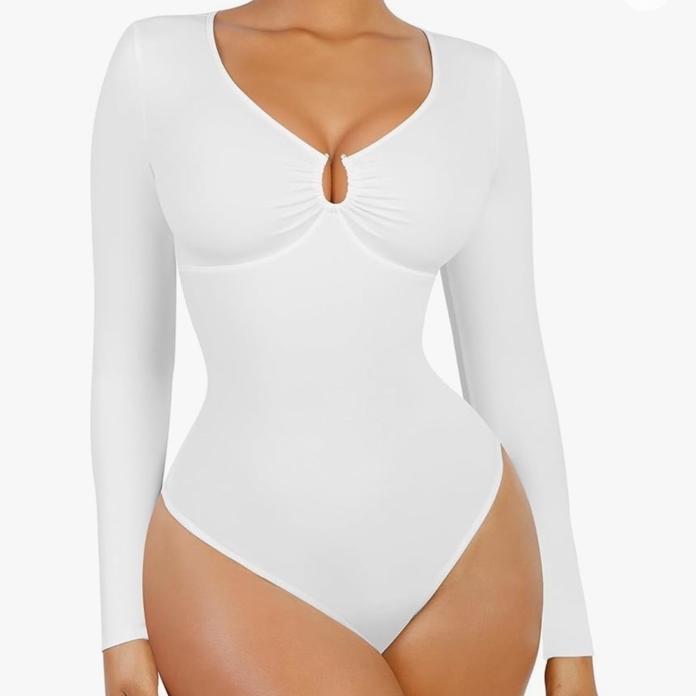 NWT FeelinGirl Tummy Control Long Sleeve White Deep V Neck U Ring Bodysuit